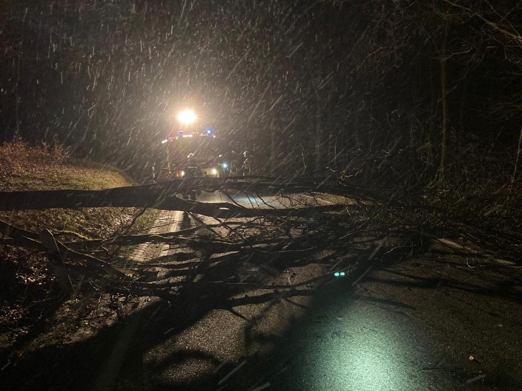 Baum auf Fahrbahn in Heidenrod vom 18. Februar. - Foto: Feuerwehr Heidenrod-Laufenselden