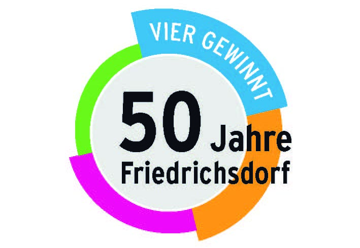 Das Jubiläums-Logo symbolisiert die Fusion der vier zuvor selbständigen Gemeinden, mithin die positive Entwicklung der Stadt Friedrichsdorf in den vergangenen 50 Jahren. - Grafik: Stadt Friedrichsdorf